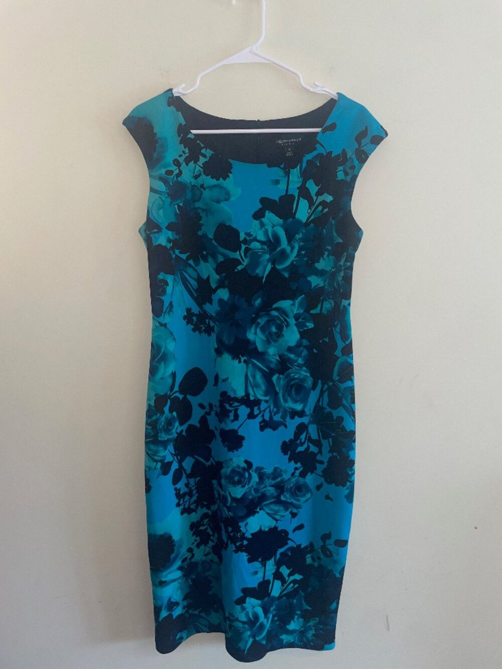 Connected Apparel Teal Black Floral Sheath Dress Size 10